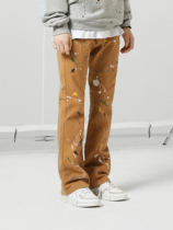BONELESS Khaki splash ink wash vintage jeans throw paint loose flared trousers men