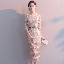 High-end socialite evening dress women 2021 new temperament dinner texture champagne color dress thin usually can be worn