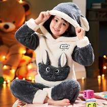  2021 new girls and childrens coral velvet pajamas baby princess spring and autumn and winter large size thickened home service suit