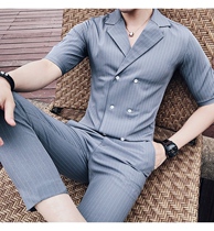 Fugui Bird Summer Mid Suit Suit Striped West Suit Korean Version Sashimi 70% Sleeve Casual Shirt Man two sets