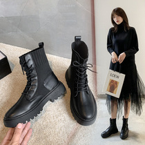 Martin boots female Inn Wind thick bottom Korean version 100 lap lace flat bottom coarse heel genuine leather short boots woman 2020 new short drum