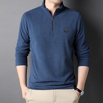 Spring and Autumn New Half Zipper Turtleneck Men's Long Sleeve T-Shirt Backing Shirt Fleece Leisure Middle-aged Men's Top Tide