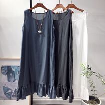 Retro art loose sleeveless vest skirt bottom summer new lotus leaf lace mid-length cotton linen dress fish tail