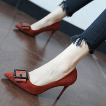 Hong Kong hummus red pointed single shoes genuine leather suede stiletto heels womens 2021 new spring work shoes womens shoes