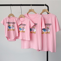 South Korean pro-Japanese clothing family of three-four-mouth cartoon short sleeve T-shirt baby climbing to serve mother-daughter dress high-end summer