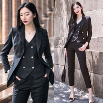 Star Same-style Spring Autumn New Korean Version Black OL Professional Suit Suit Woman Sashimi Minor West Suit Waistcoat Three Sets