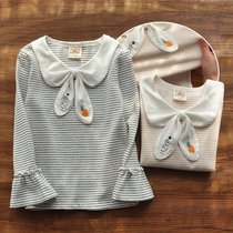 Girls base shirt striped childrens long-sleeved t-shirt women pure cotton spring 2021 new top tide embroidery childrens clothing women
