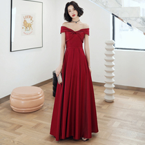 Bride wedding toast 2021 new red shoulder temperament high end engagement banquet evening dress female winter