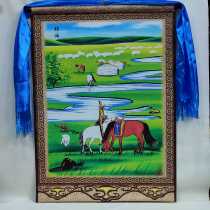 Mongolian Leather Painting Prairie Wind Landscape Painting Hung Painting Wall Painting Vertical Version Mongolia Bag Mural Dining Room Decoration Painting