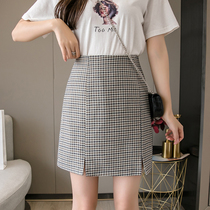 Thousand birds grid half skirt female summer new slim high waist bag hip split one step skirt short skirt