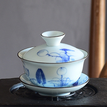 Jingdezhen underglaze color hand-painted lotus cover bowl teacup large 150ml household three-Cai bowl Kung Fu tea set