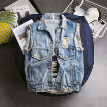 Spring and summer men and women loose lapel cotton washed big hole nostalgic denim vest youth sleeveless vest jacket tide
