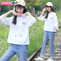 2020 Autumn girl junior high school students Korean version of mid-sleeve set girl hipster sweet lady two-piece set