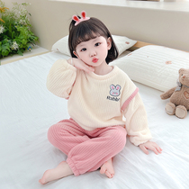 Girl flannel pajamas autumn winter girl baby coral velvet split children thicken warm winter home clothing