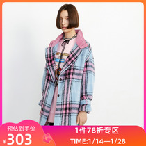 LILY winter new womens college style macaron color large plaid splicing collar loose woolen coat