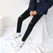 CUIBUJU 20 autumn Korean mens jeans slim-legged pants teenagers ankle-length pants black hole pants