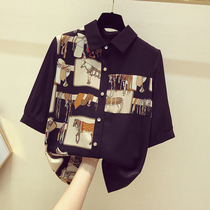 South Korea Black Snowspinning Shirt Woman Short Sleeve 2022 New Summer Loose Foreign Air Fashion Design Sensation with little crowdblouse