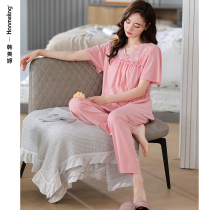 Modal pajamas women summer thin ice silk short sleeves long pants homewear summer middle-aged mom plus size set