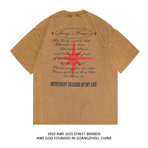 AWE GOD American retro washed letters printed short-sleeved T-shirt men and women national tide brand ins loose couple tops