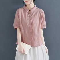 Chinese style retro buckle cotton and linen shirt womens summer lapel cardigan short-sleeved shirt literary all-match top Li Ningqi