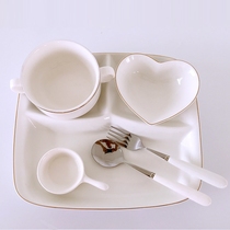 Ceramic grid plate Childrens tableware Breakfast plate set Household three-grid partition plate Western food plate Student meal plate