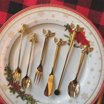 W1962 Japan imports gold gilded angel decorated cutlery coffee spoon sweet pitchfork stirring stick knife fork spoon