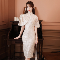 Lace shawl cheongsam womens summer 2021 New Seinto the same young improved dress plain retro bone bone