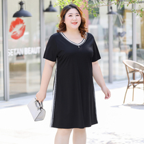 Fat mm dress summer new plus size womens clothing 200 jin fat sister loose cover belly midi skirt plus fat increase