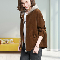 Western style mother corduroy coat female Spring and Autumn New retro port flavor large size loose hooded jacket short coat
