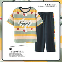 Summer Korean casual can wear pajamas short sleeve cropped pants combed cotton suit large size thin ladies household clothing