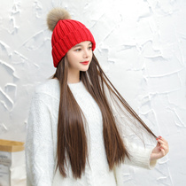 Wig hat childrens long hair knitted wool hat wig integrated autumn and winter fashion simulation straight hair natural full head cover