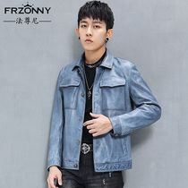 Mens leather jacket 2021 new leather jacket short top layer calfskin lapel youth locomotive trend thin coat