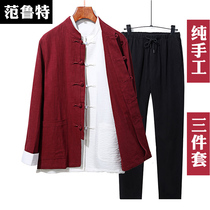 2022 Chunqiu Mens Long sleeves Down with Chinese Wind Three Suits Dad Linen Grandpa Cotton Hemp Middle Aged Mens Clothing