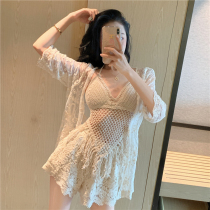 Split swimsuit female sexy hollow fairy Fan small chest gathered knitted bikini three-piece hot spring lace blouse