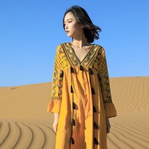 Heavy work ethnic wind Long sleeves Dress Loose and reduced age Yunnan Lijiang Travel photo clothes Female Swim Long Skirt