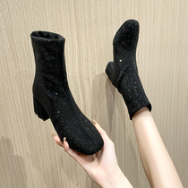 High-heeled Martin boots childrens skinny boots 2021 new winter plus velvet warm thick heel rhinestone French small boots