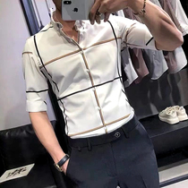Slim-fit plaid white shirt Mens fine silk British fashion outer wear shirt Casual light luxury stretch shirt