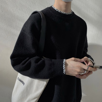 Value clearance# Car stitching simple black light green sweater mens autumn and winter round neck knitwear Korean trend INS