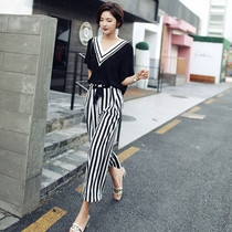 Striped wide leg pants suit Womens summer fashion temperament foreign goddess Fan Chao Nine-point casual pants T-shirt two-piece set