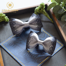 Bow tie male light silver white gradient Chinese style black splashing ink freehand printing bow groom wedding wedding collar flower