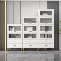 Solid wood light luxury display bookcase integrated against the wall with door bookcase with glass door full wall living room combination floor bookshelf