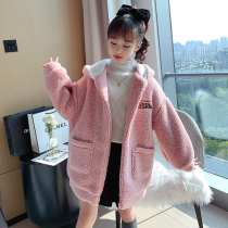 Girl Thickening Coat Autumn Winter Medium Long children clip cotton windy clothes foreign air winter dress lamb velvety sweaty sweater