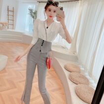 Temperament goddess Fan suit professional suit female summer 2021 new fashion plaid short sleeve socialite two-piece set