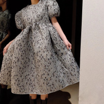 Cute foreign design sense of tie bubble sleeves pleated puffy thin princess skirt dress spring new 2021