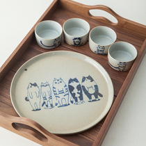 Yi Fang hand-painted cute cat blue and white porcelain tea set Tea cup Tea cup Kung Fu small cup light large tray ceramic plate
