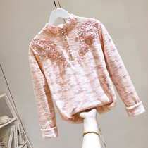 South Korea Pink Lace Jersey Undershirt Woman Long Sleeve 2021 Spring Autumn Thin with a new foreign air temperament Slim Inside Lap