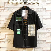 Short-sleeved shirt mens summer Japanese tide card plus fat plus size loose trend boys tooling patch printed shirt