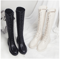 Round head thick bottom net red boots womens knee strap high barrel leather boots Womens Korean version of thin mid-heel knight boots