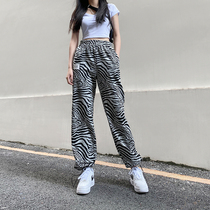 H home European and American Street wind zebra print letter printing small label straight pants casual loose sports drawstring pants