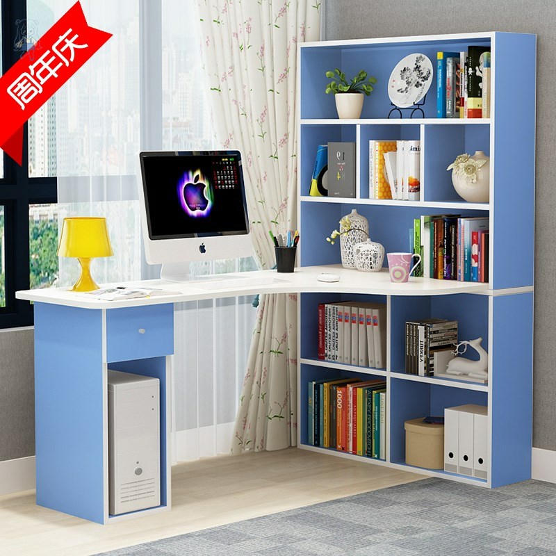 Turn corner desk Combination with bookshelf Home bedroom Children girl Solid wood bookcase One piece student writing desk